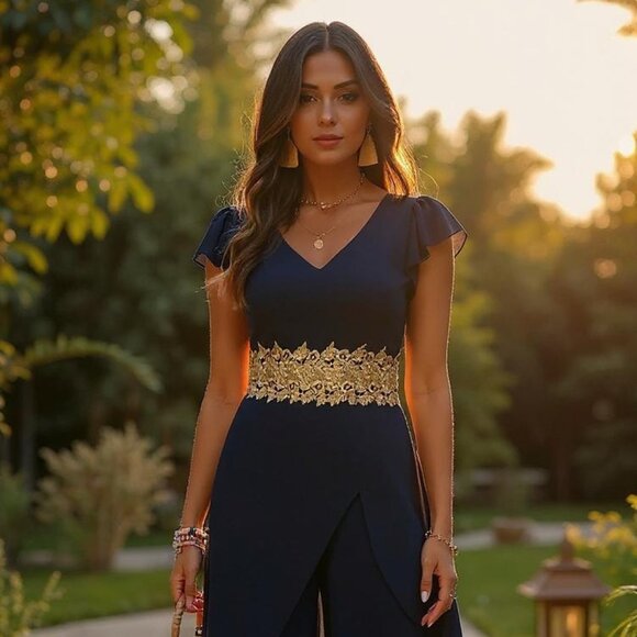 Chic Wide-Leg Jumpsuit with Gold Waist Detail - Picture 1 of 7
